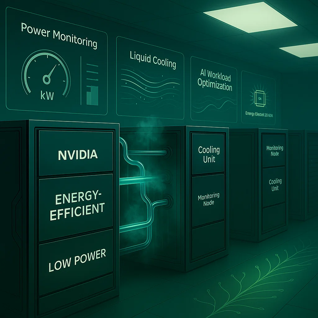 A modern, sustainable data center with green ambient lighting